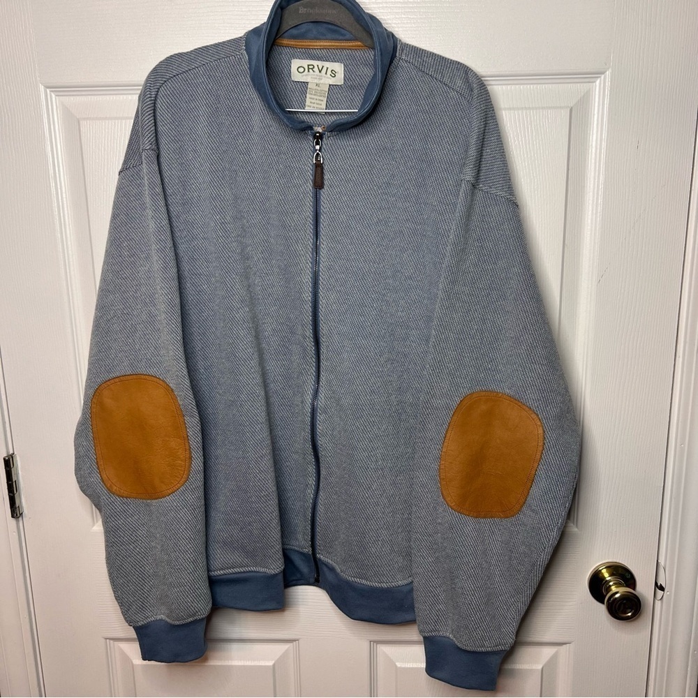 Orvis POLY COTTON ZIPPERED Light Blue JACKET Camel Leather Elbow Patches Size XL